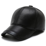 Autumn Winter Hat Men's Leather Hats Earmuffs Thermal Baseball Caps Snapback Peaked Cap Gorra MartLion Black Adjustable 56-61cm 