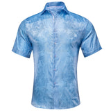 Hi-Tie Blue Red Green Beige Short Sleeves Men's Shirts Jacquard Silk Paisley Spring Summer Hawaii Shirt Wedding MartLion CY-1456 S 
