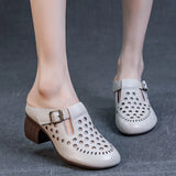 Summer Outdoor Wear Slippers Hollow Round Toe Genuine Leather Elegant Sandals Women MartLion   