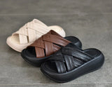 Platform slippers women wear cross-strap flip-flops summer casual 100 bypass head layer cowhide open-toe MartLion   