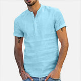 Men's Standing Collar Cotton Linen Short Sleeved Shirt Designer Clothes Popular Tops Mart Lion Blue S 