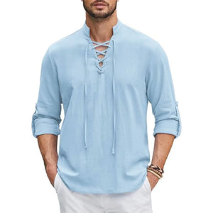 Men's Renaissance Shirt Pirate Medieval Viking top Cotton Linen Shirts Long Sleeved Halloween MartLion light blue US XXXL 