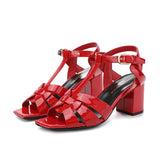 Summer Women's Sandals Genuine Leather High Heels Square Toe Open Toe Buckle Fish Mouth MartLion Red 38 CHINA