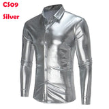 Silver Metallic Sequins Glitter Shirt Men's Disco Party Halloween Chemise Homme Stage Performance Shirt MartLion CS09 Silver US Size S 
