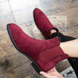 Chelsea Boots for Men's Wine Red Black Faux Suede Low-heeled Handmade MartLion   