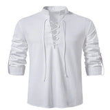 Men's V-neck shirt T-shirt Vintage Thin Long Sleeve Top Casual Breathable Viking Front Lace Up Mart Lion WHITE S China