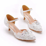 Crystal Queen White Lace Pearl Rhinestone Women Pointed Toe Summer 5CM High Heels Elegant Mary Jane Shoes MartLion   