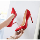 Women Pointed Toe Pumps Patent Leather Dress Red 11CM High Heels Boat Shoes Mart Lion   