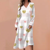 Casual Dresses Unique Mid-Calf Dresses For Women's V-Neck Long Sleeves Printed Frocks MartLion Light pink XL CHINA