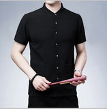 Men's Short-sleeved Seasonal Shirt with Stand Collar Linen Casual Daily Large Pocket Stand Collar Half Sleeve Shirt MartLion   