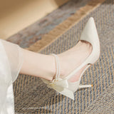 Elegant Ladies White Pearls Ankle Strap Pumps for Wedding Women Silk Back Bowtie High Stiletto Heeled Shoes Woman Spring MartLion   