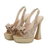 Liyke Runway Style Glitter Sequined Bowknot Women Pumps Peep Toe Back Strap Gold Sandals Platform Heels Wedding Prom Shoes Mart Lion   