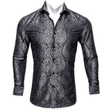 Barry Wang Luxury Black Paisley Silk Shirts Men's Long Sleeve Casual Flower Silver Shirts Designer Fit Dress MartLion CY-0048 S 