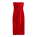 Chic Red Party Long Dress Women Strapless Pleated Back Split Summer Dress Elegant Corset Dress MartLion   