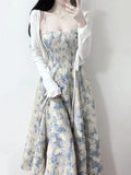 Dress Women Chic French Style Blue Oil Painting Skirt  Floral Waist-fitted Tank Frock Long Sling For Female MartLion   