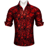 Luxury Shirts Men's Long Sleeve Silk Green Flower Slim Fit Tops Casual Button Down Collar Bloues Breathable Barry Wang MartLion   