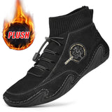 Men's Winter Ankle Boots Leather Boots Snow Casual Warm Shoes High Top Sneakers Outdoor Light Loafer MartLion black plush 38 