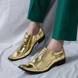 Chelsea Leather Men's Shoes Pointed Toe Lace-up Luxury Glossy Gold Mixed Rivet Stage Performance Casual MartLion   