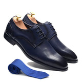 Derby Men's Dress Shoes Blue Real Leather Lace Up Plain Pointy Toe Formal Wedding MartLion   