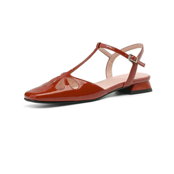 Women Sandals Casual Office Hollow Split Leather  Square Low Heels Shoes Woman Summer MartLion wine red 4 CHINA