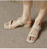 Summer Women Shoes Open Toe Sandals Square Heel Genuine Chunky Heel Med Heel Sandals Heels Cow Leather MartLion   