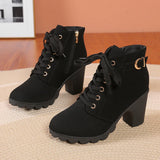 Black Chunky Heeled Women's Ankle Boots Autumn Metal High Heels Shoes Woman Lace Up Platform MartLion   