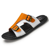 Summer Genuine Leather Slippers for Men's Summer Slides Sandals Beach Outsides Shoes Hombre MartLion brown orange 2681 47 length 28.5cm 