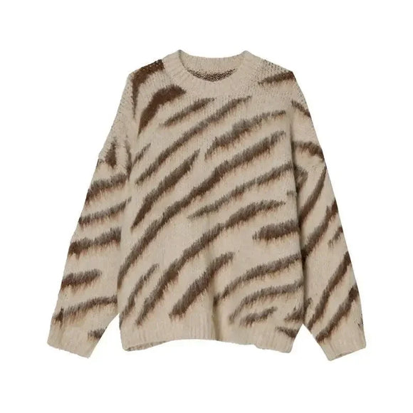 Zebra print crewneck knitted jumper sweaters pullovers men's and women vintage loose show slim niche trend MartLion 1brown M 