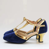 Buckskin Latin Dance Shoes for Women's Baotou Indoor Soft Sole 5.5cm Heel Jazz Dancing Sandals Party Ballroom Performance MartLion Blue gold 5.5cm 41 