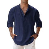 Cotton Linen Shirts for Men Casual Shirts Lightweight Long Sleeve Henley Beach Shirts T Shirts for Men MartLion Navy S 