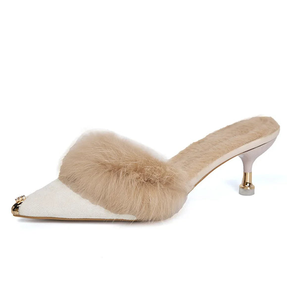 Fur Slippers Mules Pointed Toe Elegant High Heels Shoes Women's Autumn Furry Slides Flip Flops Office Work Luxury MartLion beige 6cm heels 39 