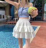 Pleated Skirt Women White Ruffle Sweet Pretty Style Skirt Elastic Waist Summer Slim Basic Dress MartLion   