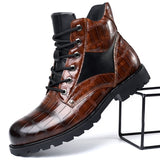 Men's Boots Autumn Spring Leather Round Toe Vintage Crocodile Pattern Shoes Leisure High Top Mart Lion   