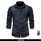 Brand Elastic Cotton Denim Shirt Men's Long Sleeve Cowboy Shirts Casual Slim Fit Designer Clothing MartLion   