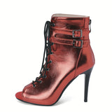 Women Summer Cool Boots Zippr Lace-up Sandals High Heels Cozy Indoor Ballroom Jazz Black Dance Shoes Mart Lion Red 34 