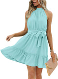 Women's Dress Summer Women's Beach Dress Folded Cake Dress Loose Neck Tie Sleeveless Dress Women's Summer Clothing MartLion   
