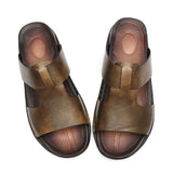 Men's Casual Leather Slippers Slides Slip on Sandals Summer Shoes Beach Outside Breathable Khaki Black MartLion   