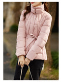 Neck Belted Duck Down Puffer Jackets Women Casual Winter Warm Short Coat Female Outwear Clothes MartLion   