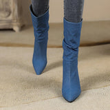  Pointed Toe Thin Heel Denim Boots with Mid Sleeve Fold 7.5cm High Women's Shoes Jean for Women MartLion - Mart Lion