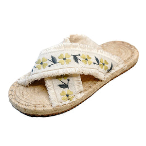 Summer Women Soft Cotton Embroidered Flat Espadrilles Slides Slippers Casual Holiday Shoes Beige MartLion   