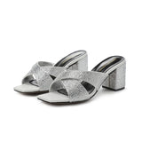 Summer Women's Slippers Genuine Leather Thick Heel Open Toe Crystal Party Shoes MartLion Silver 39 