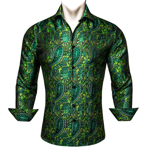 Luxury Shirts Men's Long Sleeve Silk Green Flower Slim Fit Tops Casual Button Down Collar Bloues Breathable Barry Wang MartLion 0443 S 