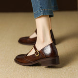 Spring Genuine Leather Women Pumps Shoes Round Toe Chunky Heel Retro Mary Janes Block Leather Shoes Shallow MartLion   