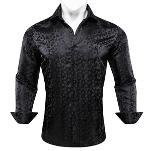 Barry Wang Men's Shirts Black Floral Silk Embroidered Long Sleeve Slim Causal Turn Down Breathable Colorfast Clothing Tops MartLion   