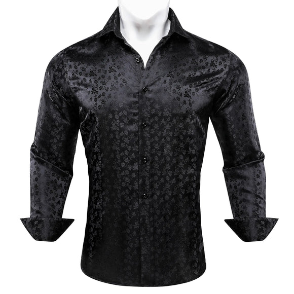  Barry Wang Men's Shirts Black Floral Silk Embroidered Long Sleeve Slim Causal Turn Down Breathable Colorfast Clothing Tops MartLion - Mart Lion