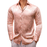 Luxury Shirts Men's Silk Satin Beige Plaid  Long Sleeve Slim Fit Blouses Trun Down Collar Tops Breathable Clothing MartLion   