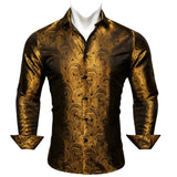 Barry Wang Gold Paisley Bright Silk Shirts Men's Autumn Long Sleeve Casual Flower Shirts Designer Fit Dress Shirts MartLion 0617 S 