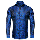 Hi-Tie Navy Royal Sky Blue Silk Men's Shirts Lapel Collar Long Sleeve Dress Shirt Jacquard Blouse Wedding MartLion