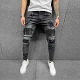 Men Jeans Knee Hole Ripped Stretch Skinny Denim Pants Solid Color Black Blue Summer MartLion