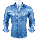 Luxury Shrits Men's Sky Roal Blue Navy Embroidered Paisley Long Sleeve Casual Slim Fit Blouses Lapel Barry Wang MartLion 0412 S 